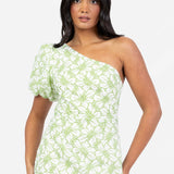 Maya Floral One Shoulder Puff Sleeve Peplum Midi Dress