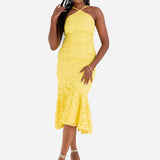 Maya Yellow Halter Neck Lace Midi Dress