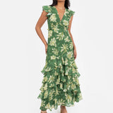 Anaya With Love Recycled Green Floral Print Ruffle Skirt Midaxi Dress