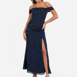 Maya Navy Floral Embroidered Bardot Maxi Dress with Skirt Split