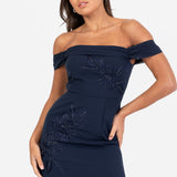 Maya Navy Floral Embroidered Bardot Maxi Dress with Skirt Split