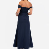 Maya Navy Floral Embroidered Bardot Maxi Dress with Skirt Split