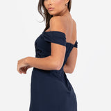 Maya Navy Floral Embroidered Bardot Maxi Dress with Skirt Split