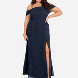 Maya Navy Floral Embroidered Bardot Maxi Dress with Skirt Split