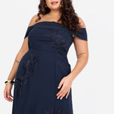 Maya Navy Floral Embroidered Bardot Maxi Dress with Skirt Split