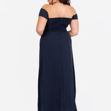 Maya Navy Floral Embroidered Bardot Maxi Dress with Skirt Split