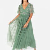 Eleanor Dark Sage Green Floral Motif Short Sleeve Midi Dress