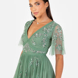 Eleanor Dark Sage Green Floral Motif Short Sleeve Midi Dress