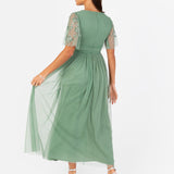 Eleanor Dark Sage Green Floral Motif Short Sleeve Midi Dress