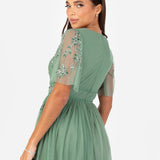 Eleanor Dark Sage Green Floral Motif Short Sleeve Midi Dress