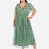 Eleanor Dark Sage Green Floral Motif Short Sleeve Midi Dress
