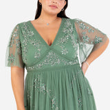 Eleanor Dark Sage Green Floral Motif Short Sleeve Midi Dress