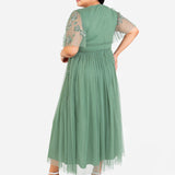 Eleanor Dark Sage Green Floral Motif Short Sleeve Midi Dress