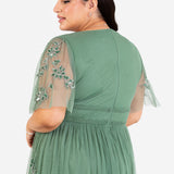 Eleanor Dark Sage Green Floral Motif Short Sleeve Midi Dress