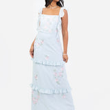 Maya Floral Embroidered Square Neck Blue Maxi Dress