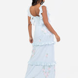 Maya Floral Embroidered Square Neck Blue Maxi Dress