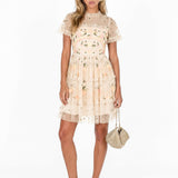 Maya Embroidered Short Sleeve High Neck Mini Dress
