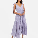 Maya Dusty Lavender Broderie V Neck Strappy Midi Dress with Tie Shoulders
