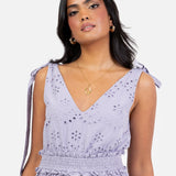 Maya Dusty Lavender Broderie V Neck Strappy Midi Dress with Tie Shoulders