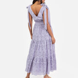 Maya Dusty Lavender Broderie V Neck Strappy Midi Dress with Tie Shoulders
