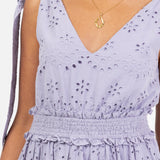 Maya Dusty Lavender Broderie V Neck Strappy Midi Dress with Tie Shoulders