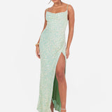 Maya Green Fully Embellished Cami Cowl Neck Maxi Dress