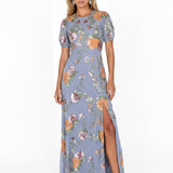 Maya Wisteria Blue Floral Embellished Puff Sleeve & Open Back Maxi Dress
