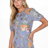 Maya Wisteria Blue Floral Embellished Puff Sleeve & Open Back Maxi Dress