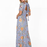 Maya Wisteria Blue Floral Embellished Puff Sleeve & Open Back Maxi Dress