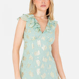 Maya Gold Floral Jacquard & Ruffle Detail Midi Dress