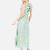 Maya Gold Floral Jacquard & Ruffle Detail Midi Dress