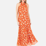 Maya Orange Floral Jacquard Halter Neck Tiered Midaxi Dress