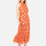 Maya Orange Floral Jacquard Halter Neck Tiered Midaxi Dress