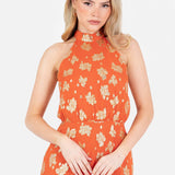 Maya Orange Floral Jacquard Halter Neck Tiered Midaxi Dress