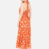 Maya Orange Floral Jacquard Halter Neck Tiered Midaxi Dress