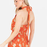 Maya Orange Floral Jacquard Halter Neck Tiered Midaxi Dress