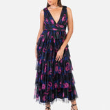 Anaya With Love Recycled Floral Plunge V Neck Tiered Tulle Midaxi Dress
