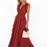 Anaya With Love Recycled Chilli Red Plunge Neck Waterfall Ruffle Maxi Dress