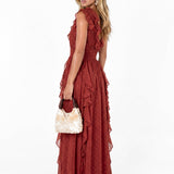 Anaya With Love Recycled Chilli Red Plunge Neck Waterfall Ruffle Maxi Dress