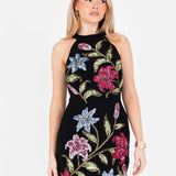 Maya Black Floral Embellished Halter Neck Mini Dress