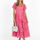 Maya Pink Puff Short Sleeve Lace Midi Dress