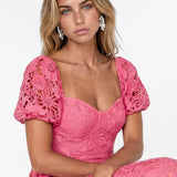 Maya Pink Puff Short Sleeve Lace Midi Dress
