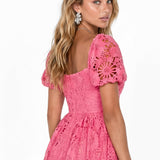 Maya Pink Puff Short Sleeve Lace Midi Dress