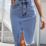 GISELE™ – Casual Slit Midi Denim Skirt