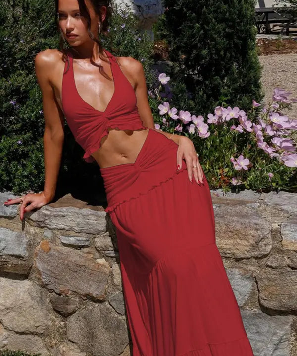 ARIYA™ – Chic Plunge Neck Summer Two-Piece Outfit