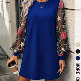 LENI™ - Elegant Floral Embroidery Bishop Sleeve Dress Long Sleeve Round Neck