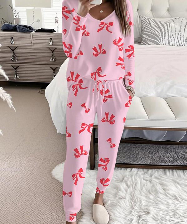 HALLIE™ - Bow Print V-Neck Long Sleeve Top & Tie Waist Pants Set