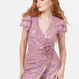 Maya Faux Wrap Maxi Dress with Gold Foil and Corsage Detail