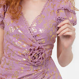 Maya Faux Wrap Maxi Dress with Gold Foil and Corsage Detail