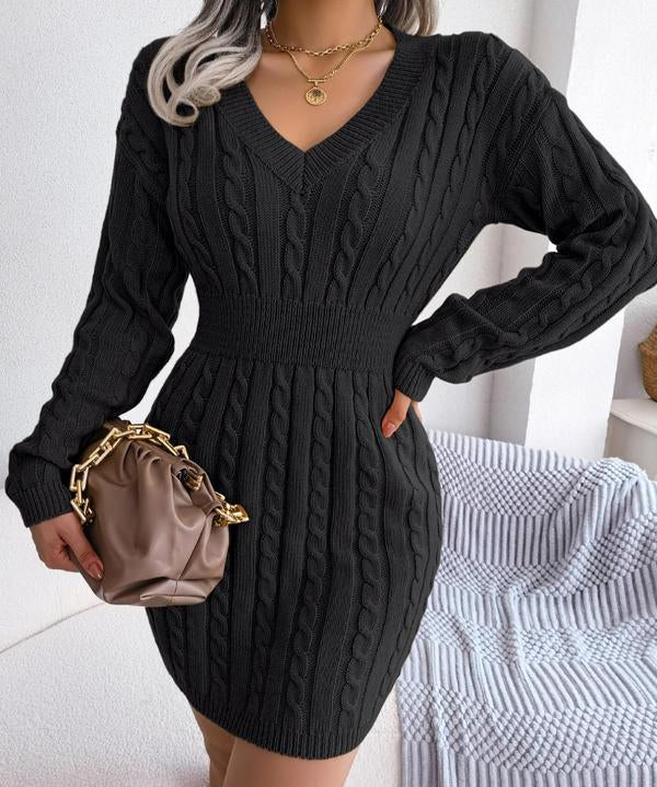 HOLLY™ - Cozy Long Sleeve V-Neck Cable Knit Sweater Dress